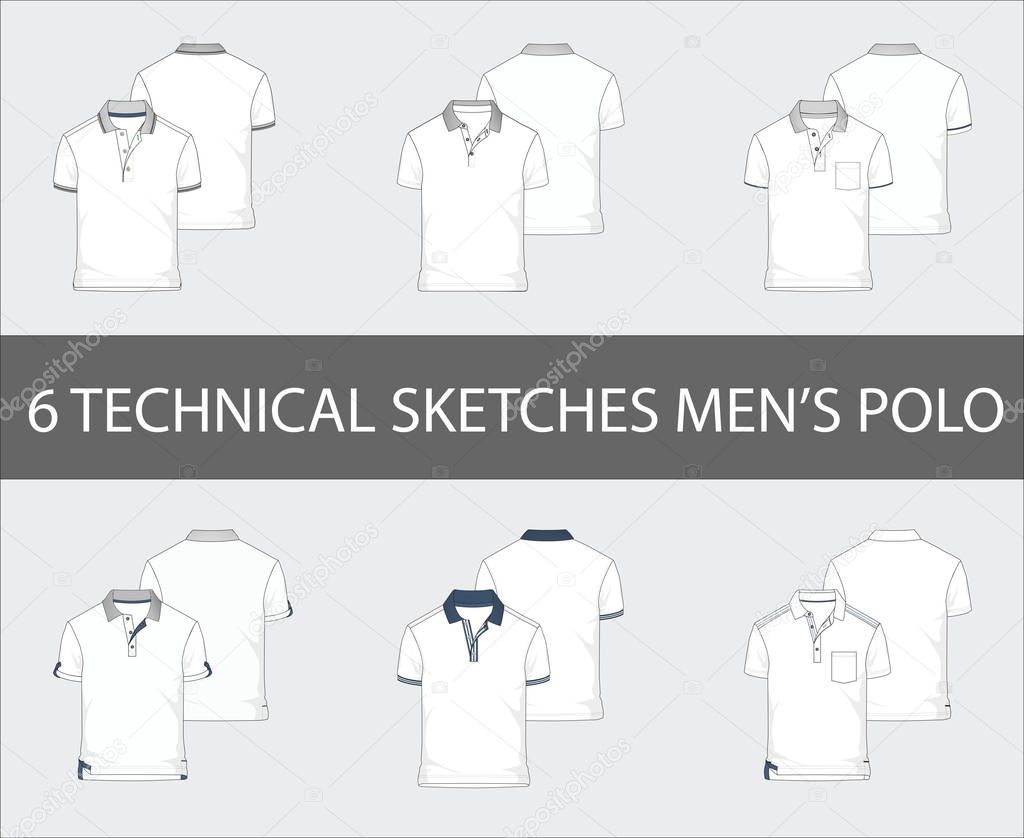 Fashion technical sketches set of men's Short Sleeve Polo Shirts in vector.