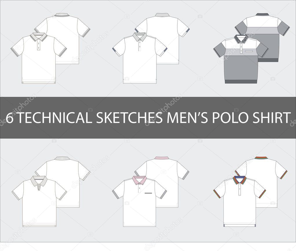 Fashion technical sketches of men's Short Sleeve Polo Shirts in vector.