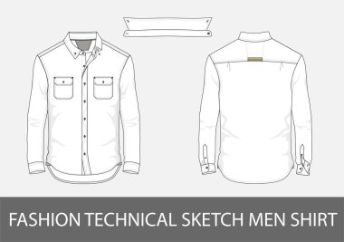 Moda teknik kroki uzun kollu ve yama cepler vektör ile erkek gömlek.