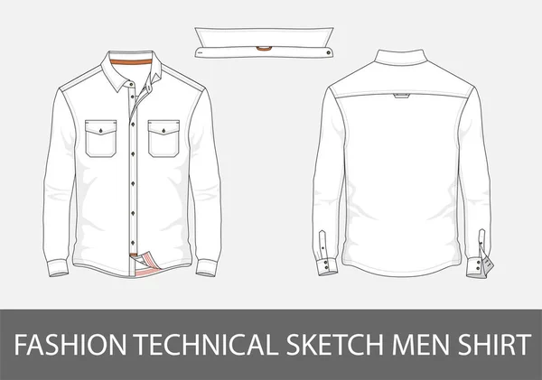 Mode Technische Skizze Männer Hemd Mit Langen Ärmeln Und Aufgesetzten — Stockvektor
