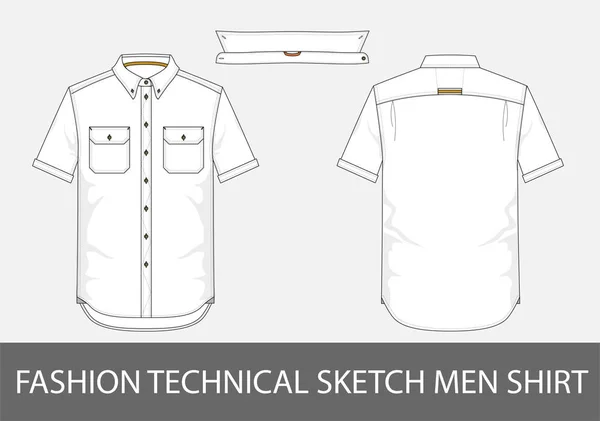 Fashion Technical Sketch Men Shirt Short Sleeves Patch Pockets Vector — Stock Vector