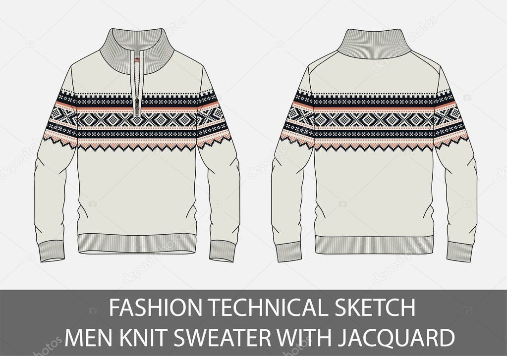 Fashion technical sketch men knit sweater with jacquard in vector graphic.