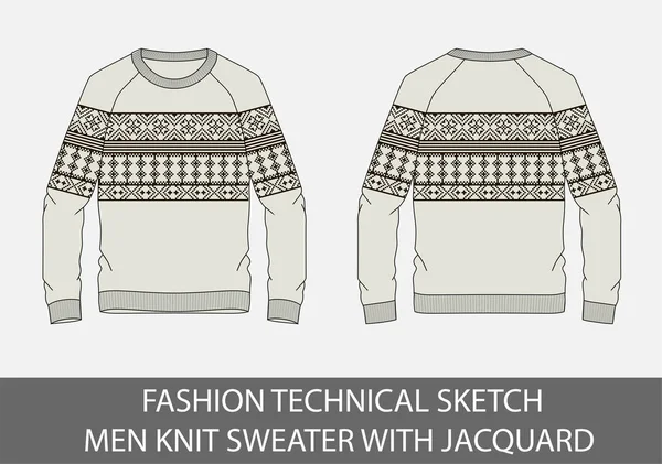 Szkic Techniczny Moda Mężczyźni Drutach Sweter Żakardowej Grafikę Wektorową — Wektor stockowy