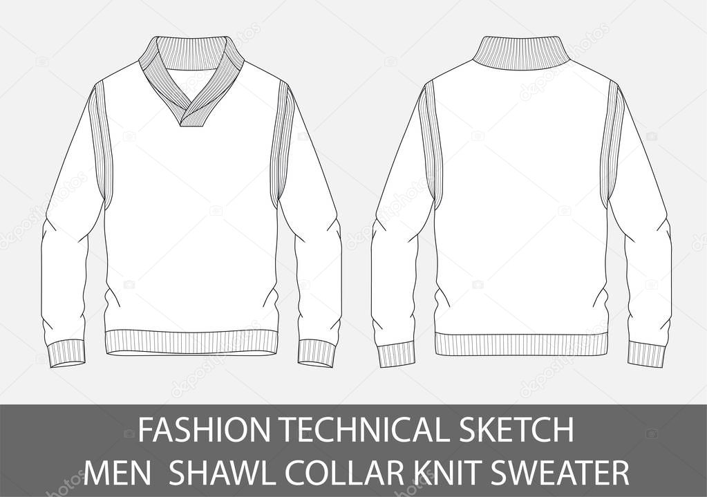 Fashion technical sketch men Shawl Collar Knit Sweater in vector graphic.