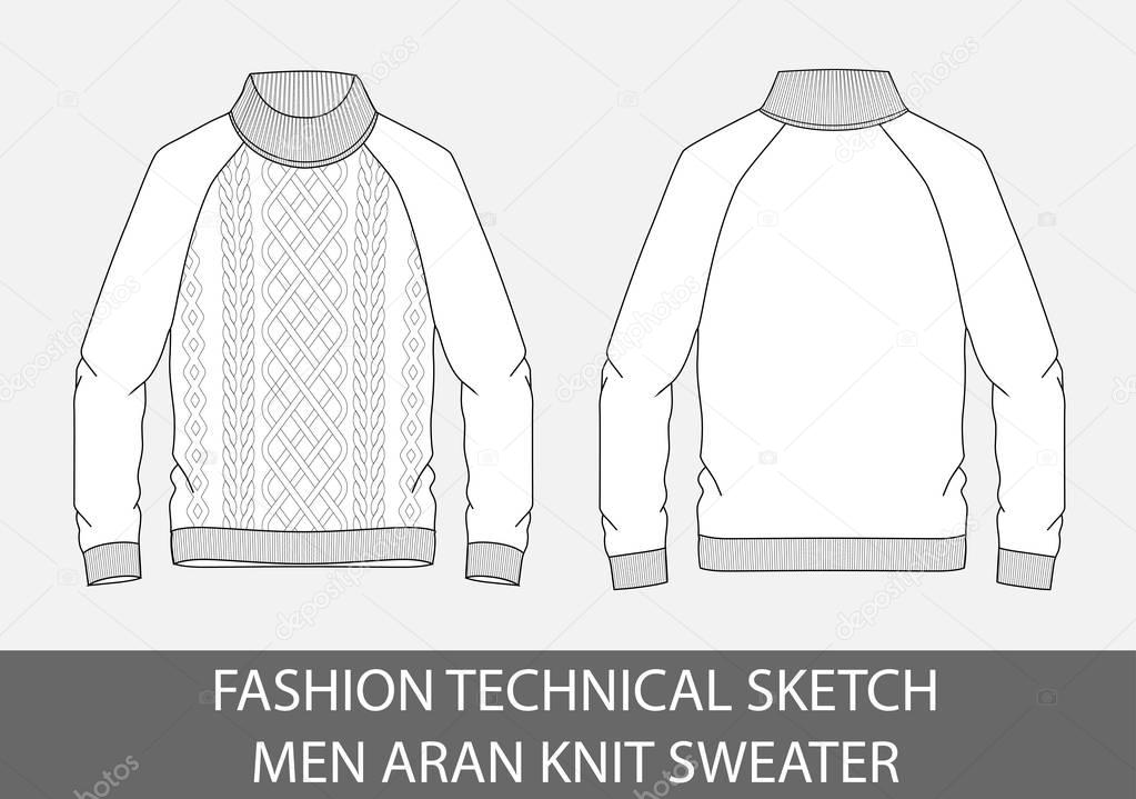 Fashion technical sketch men knit aran single-breasted sweater in vector graphic.  