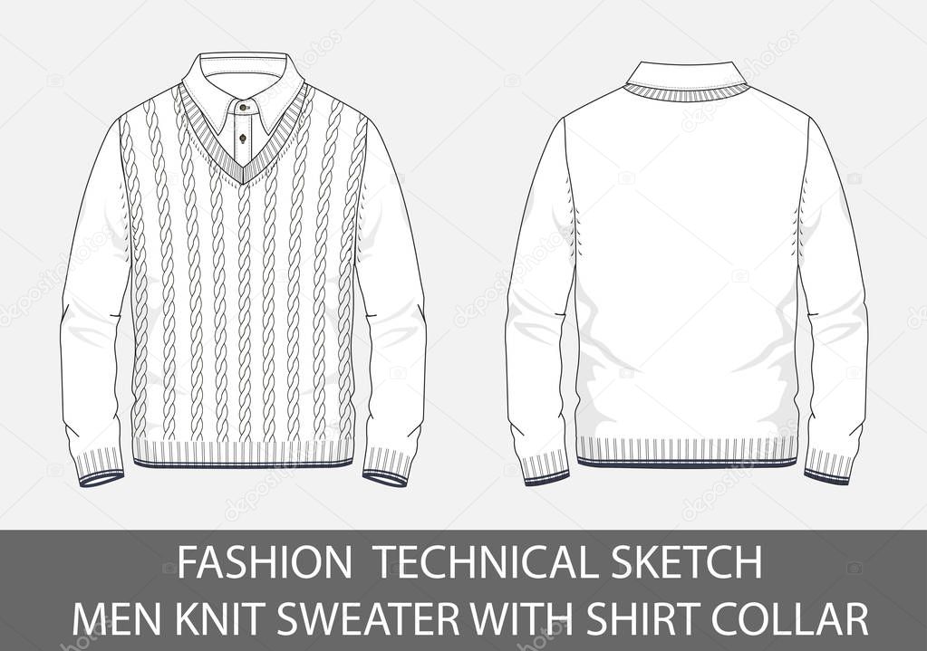 Fashion technical sketch men knit sweater with shirt collar in vector graphic.