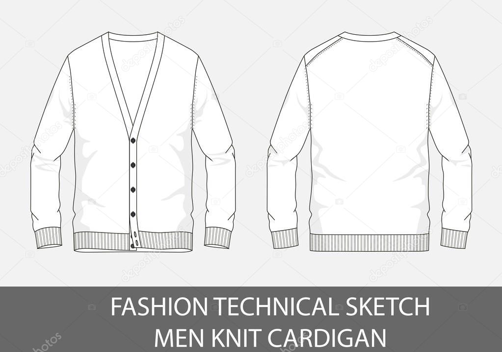 Fashion technical sketch men knit cardigan in vector graphic