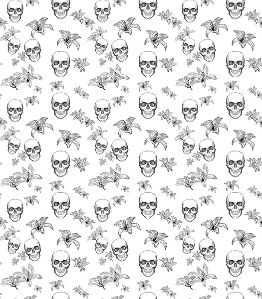 Hand-drawn seamless pattern Skull and Lily on white background