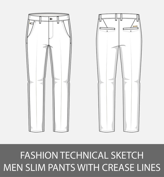 Fashion technical sketch men slim pants with crease lines in vector graphic