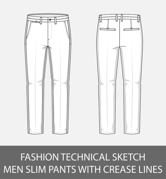 Fashion Technical Sketch Men Slim Pants Crease Lines Vector Graphic — Stock Vector