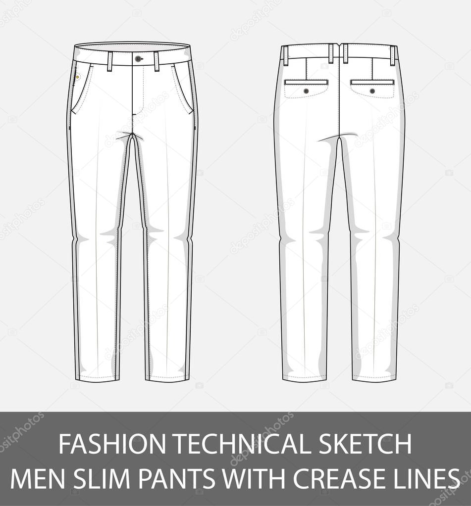 Fashion technical sketch men slim pants with crease lines in vector graphic