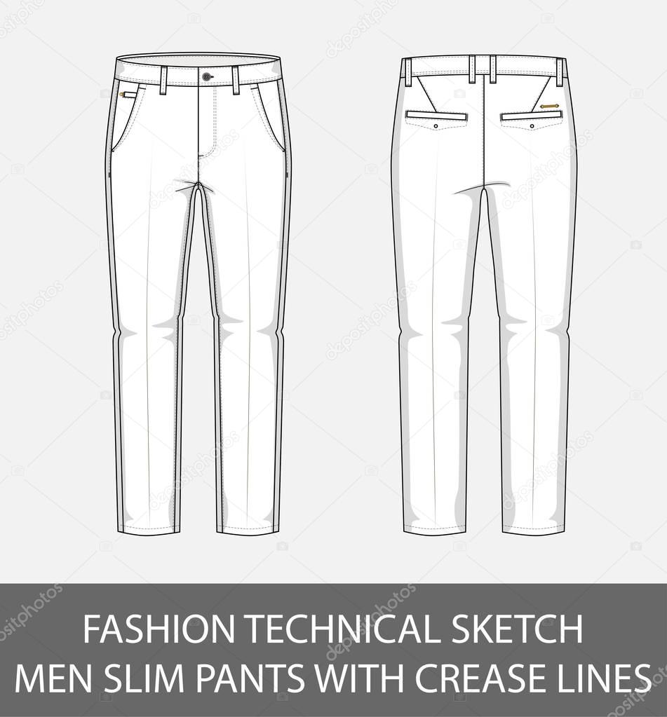 Fashion technical sketch men slim pants with crease lines in vector graphic