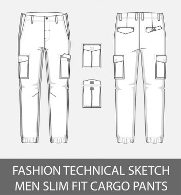 Moda teknik kroki erkek uygun kargo pantolon 2 yama cepler vektör grafiği içindeki ince