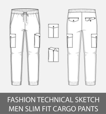 Moda teknik kroki erkek uygun kargo pantolon 2 yama cepler vektör grafiği içindeki ince