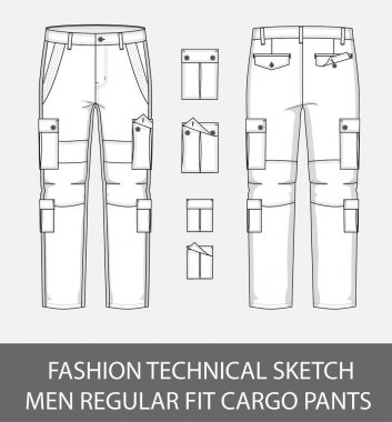 Moda teknik adamlar düzenli uygun kargo pantolon vektör grafiği 4 yama cepler ile kroki
