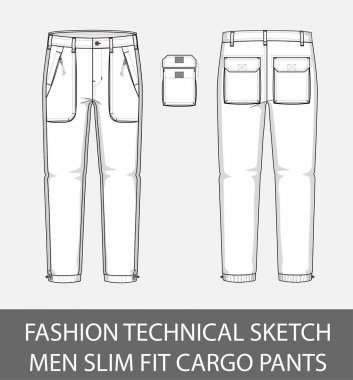 Moda teknik kroki erkek uygun kargo pantolon 2 yama cepler vektör grafiği içindeki ince