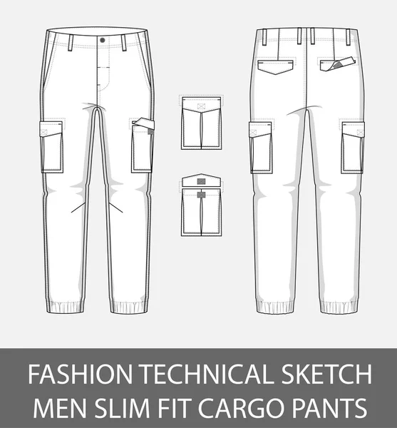 Fashion Technical Sketch Men Slim Fit Cargo Pants Patch Pockets — Stock Vector