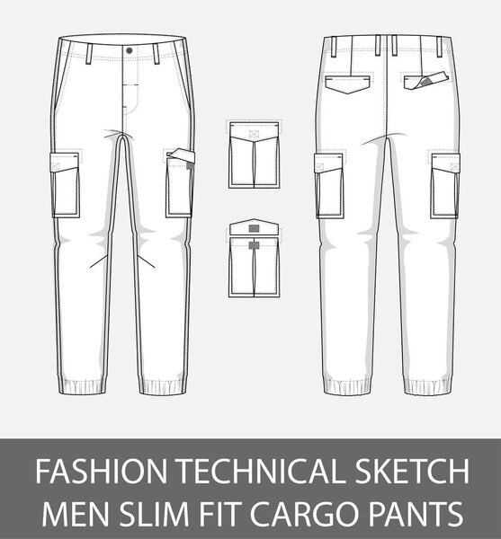 Fashion technical sketch men slim fit cargo pants with 2 patch pockets in vector graphic