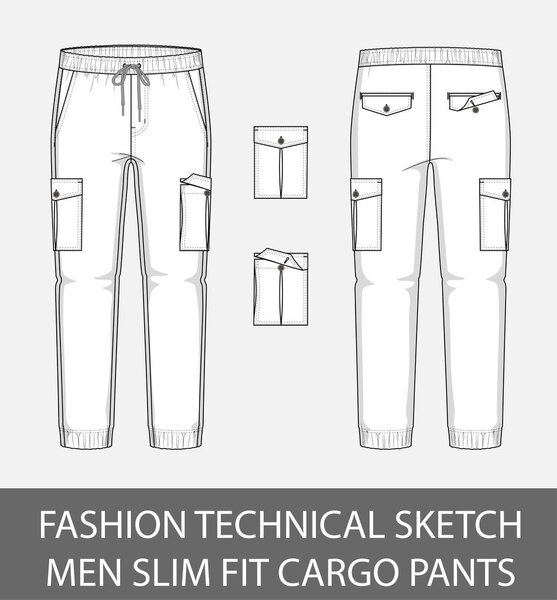 Fashion technical sketch men slim fit cargo pants with 2 patch pockets in vector graphic