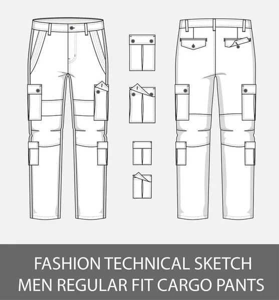 Mode Esquisse Technique Homme Coupe Droite Pantalon Cargo Avec Poches — Image vectorielle