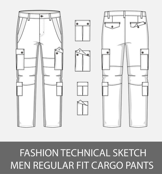 Fashion technical sketch men regular fit cargo pants with 4 patch pockets in vector graphic