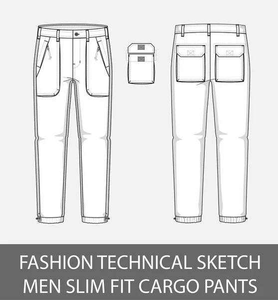Moda teknik kroki erkek uygun kargo pantolon 2 yama cepler vektör grafiği içindeki ince