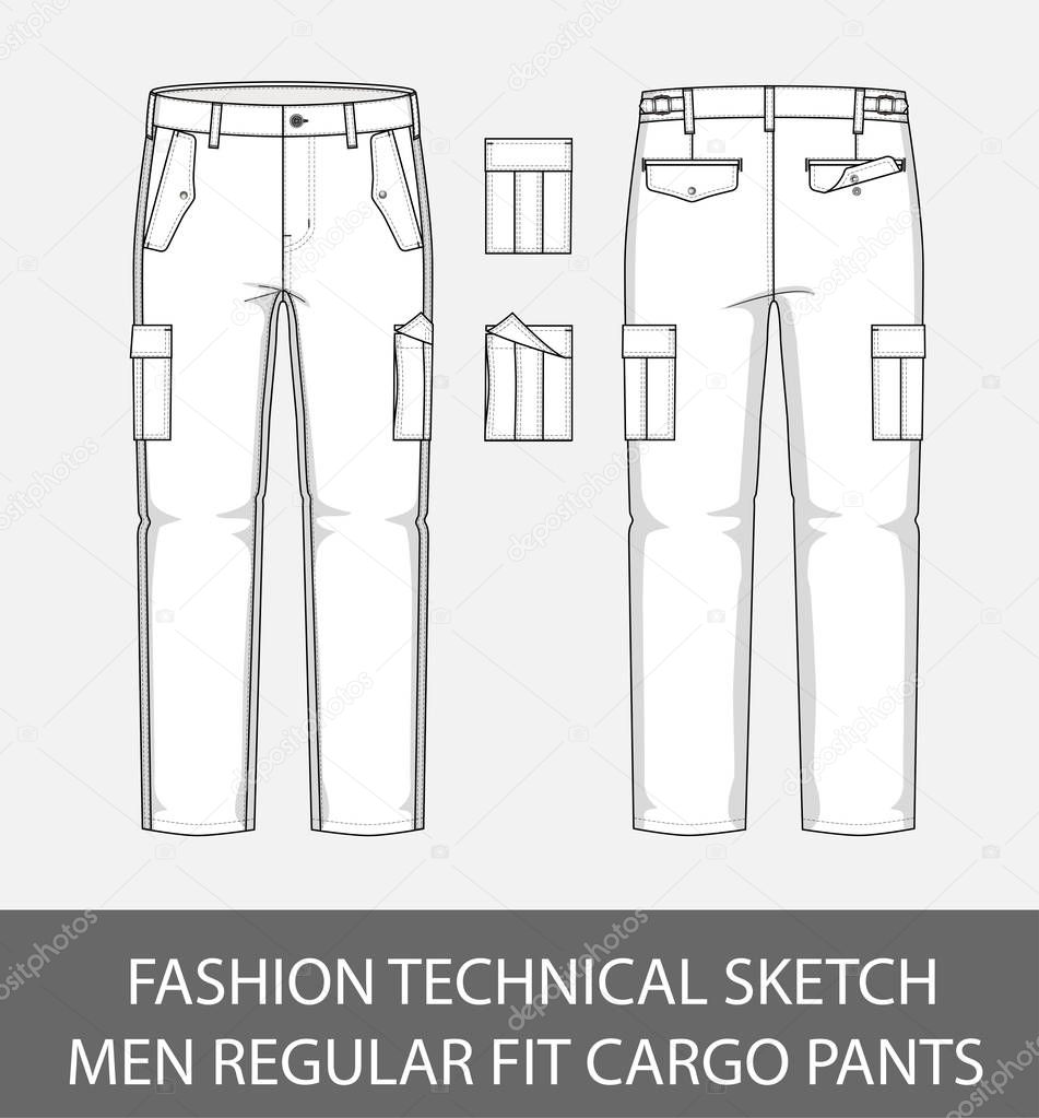 Fashion technical sketch men regular fit cargo pants with 2 patch pockets in vector graphic
