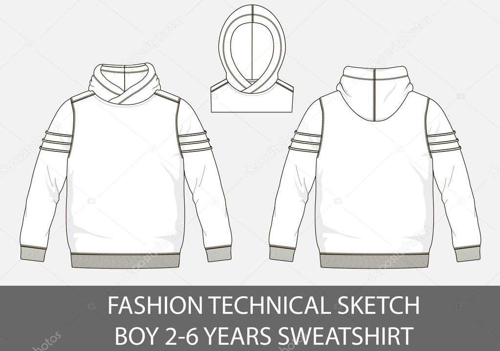 Fashion technical sketch boy 2-6 years sweatshirt with hood in vector graphic