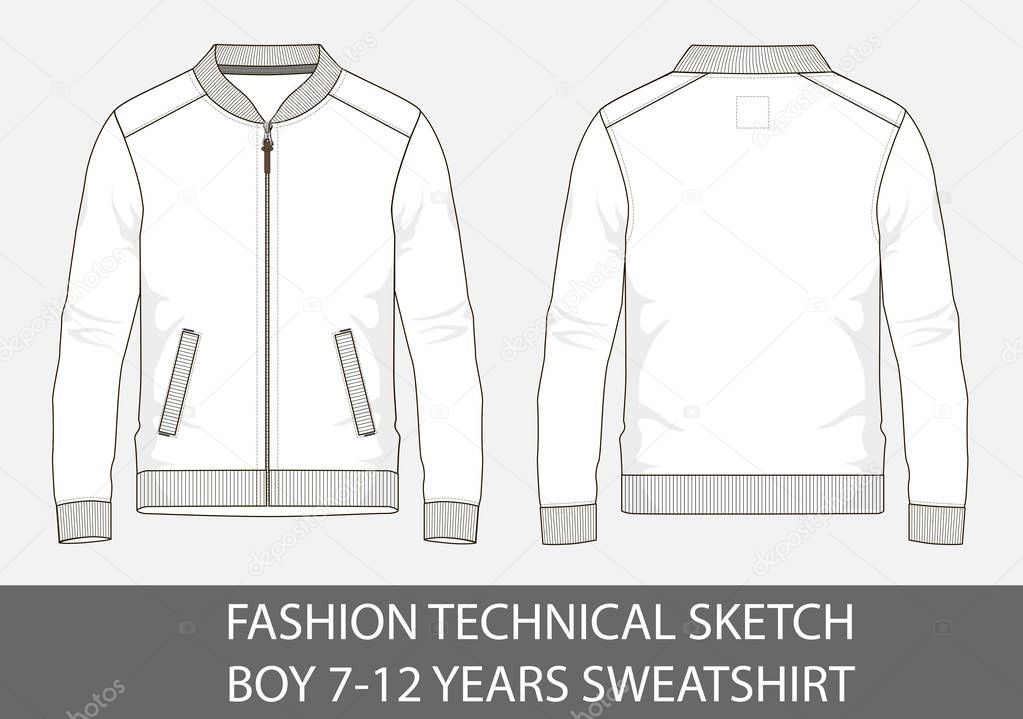 Fashion technical sketch for boy 7-12 years sweatshirt in vector graphic