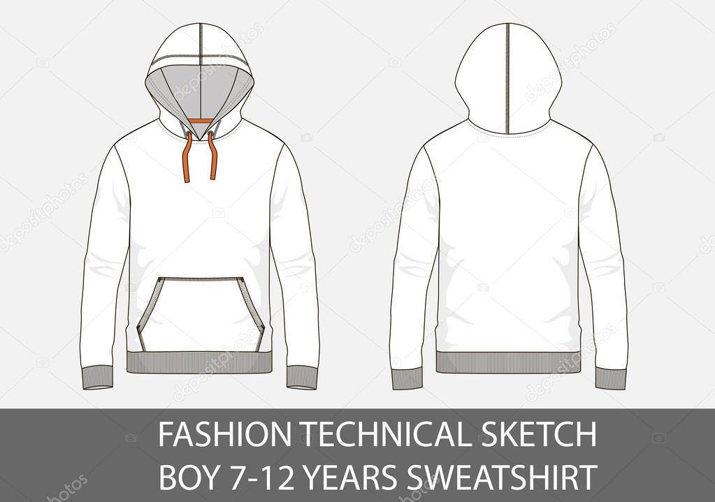 Fashion technical sketch for boy 7-12 years sweatshirt with hood in vector graphic