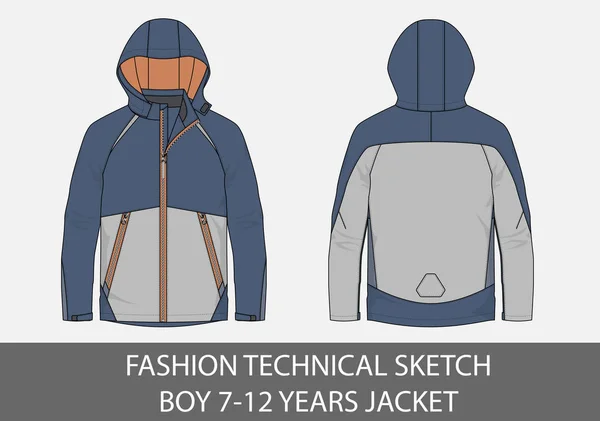 Fashion Technical Sketch Boy Years Jacket Hood Vector Graphic — Stock Vector