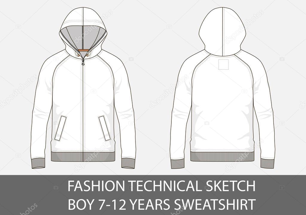 Fashion technical sketch for boy 7-12 years sweatshirt with hood in vector graphic