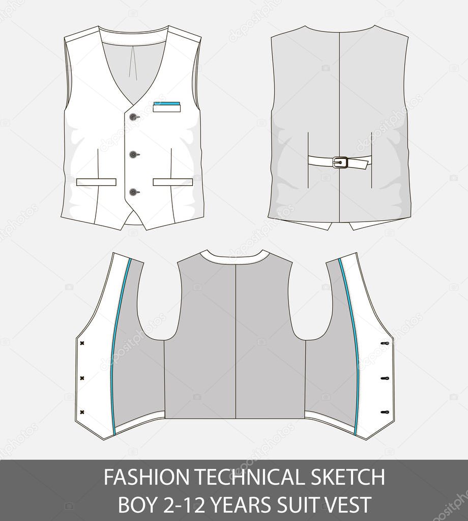 Fashion technical sketch for boy 2-12 years suit vest in vector graphic