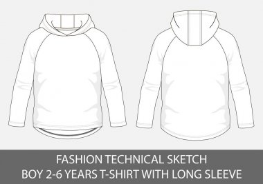 Moda teknik ile kapüşonlu t-shirt uzun kollu vektör grafik olarak 2-6 yaş çocuk için kroki