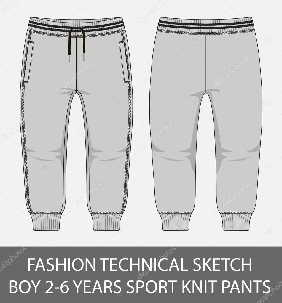 Fashion technical sketch boy 2-6 years sport knit pants in vector graphic