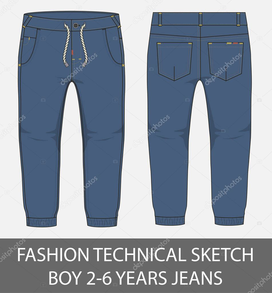 Fashion technical sketch boy 2-6 years jeans in vector graphic