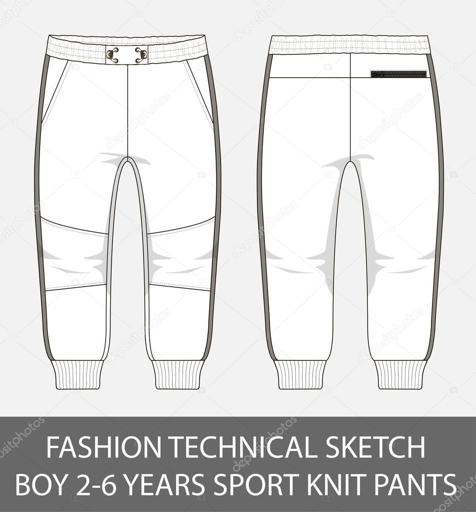 Fashion technical sketch boy 2-6 years sport knit pants in vector graphic