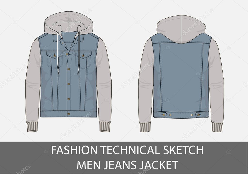 Fashion technical sketch men jeans jacket with hood in vector