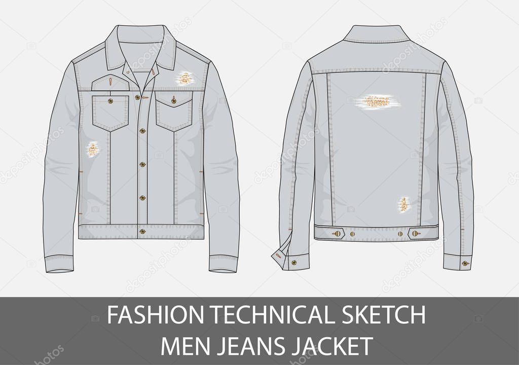 Fashion technical sketch men jeans jacket in vector graphic