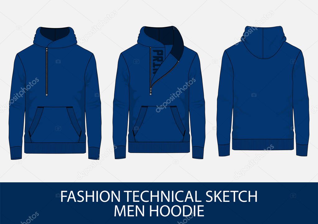 Fashion technical sketch men hoodie in vector graphic