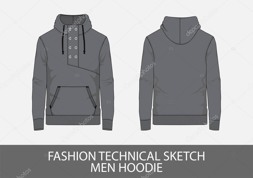 Fashion technical sketch men hoodie in vector graphic
