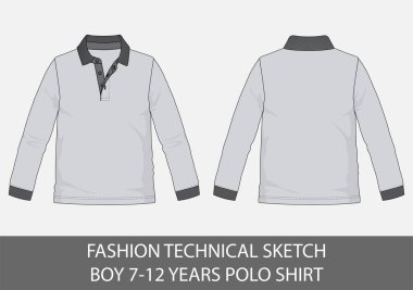Fashion technical sketch for boy 7-12 years polo shirt in vector graphic clipart