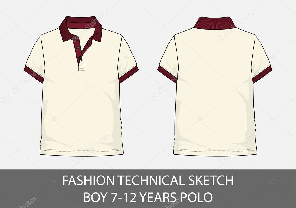 Fashion technical sketch for boy 7-12 years polo shirt in vector graphic