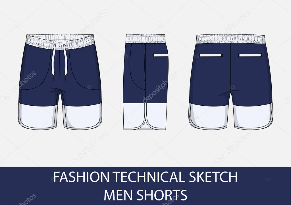 Fashion technical drawing sketch for men shorts in vector graphic