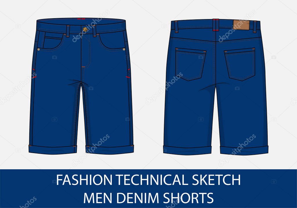 Fashion technical drawing sketch for men denim shorts in vector graphic