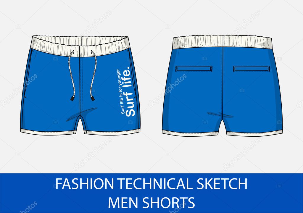 Fashion technical drawing sketch for men shorts in vector graphic