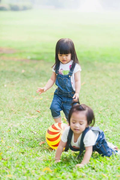 Lindos niños de 2 a 3 años jugando a la pelota en el jardín —  Fotos de Stock