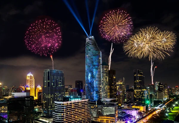 Colorful Firework New Years Celebration in Cityscape of Bangkok