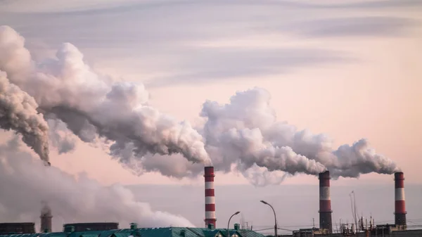 Industriële schoorstenen met zware rook die luchtverontreiniging veroorzaken als ecologisch probleem op de achtergrond van de roze zonsondergang — Stockfoto