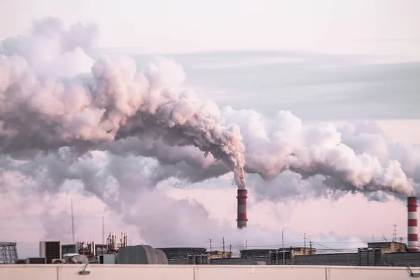 Industriële schoorstenen met zware rook die luchtverontreiniging veroorzaken als ecologisch probleem op de achtergrond van de roze zonsondergang — Stockfoto